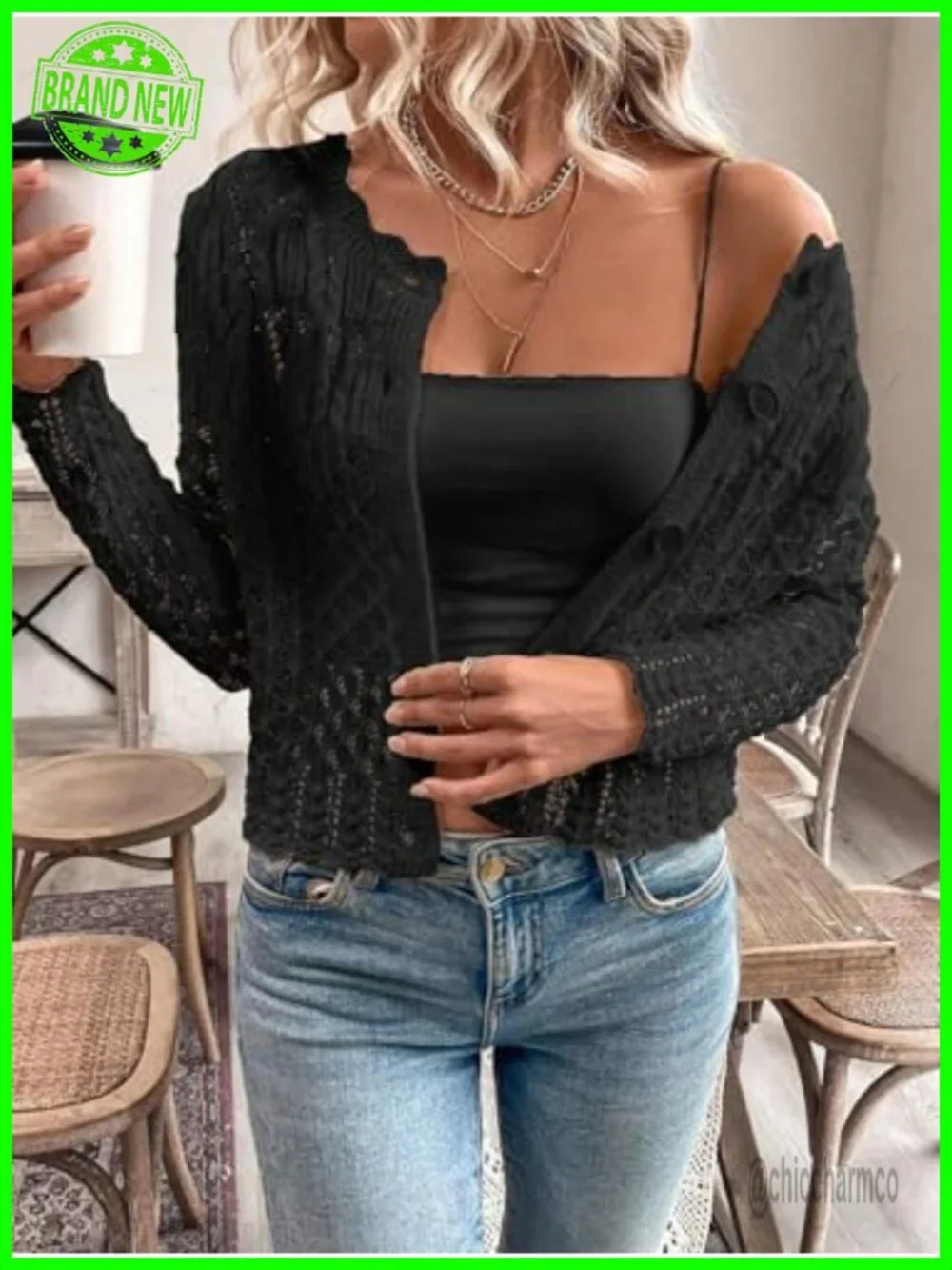 Women's Hollow Out Knit Cardigan Scalloped Crewneck Cropped Sweater Long Sleeve